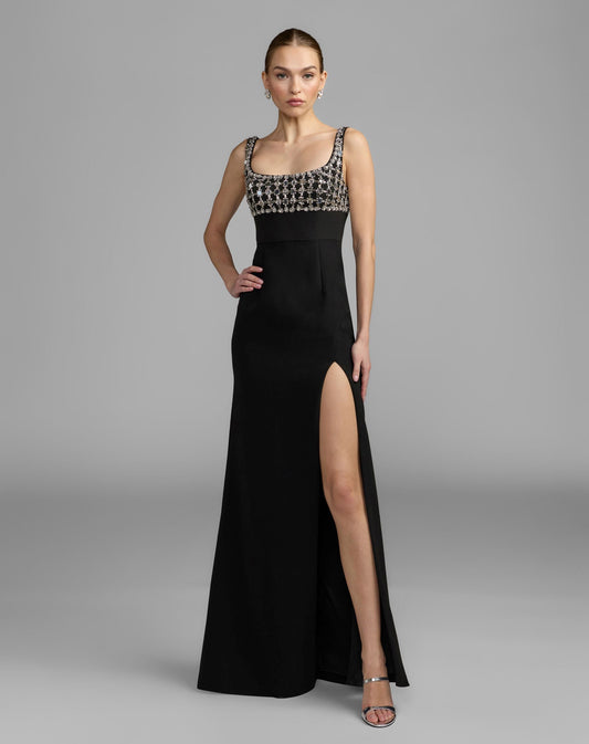 Mac Duggal Black Sleeveless Crepe Gown With Embellished Bodice