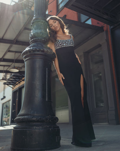 Mac Duggal Black Sleeveless Crepe Gown With Embellished Bodice