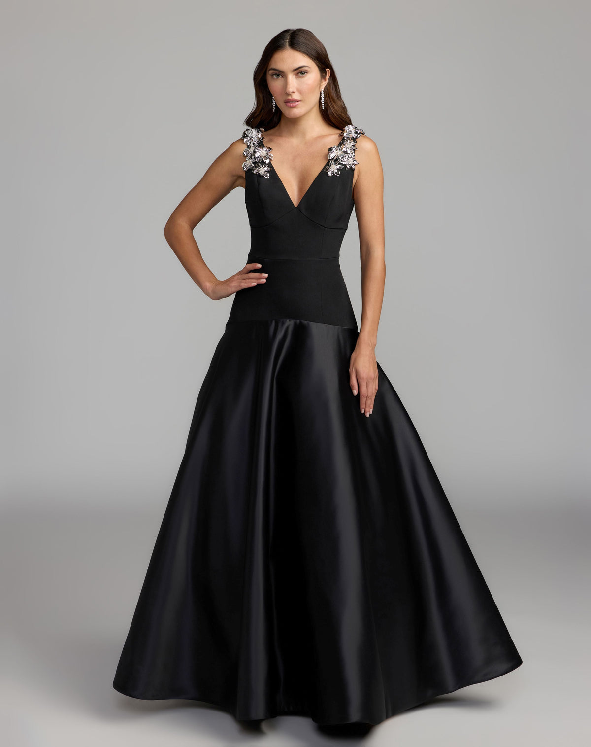 Mac Duggal Black Crepe And Satin Plunging V-Neck Ballgown