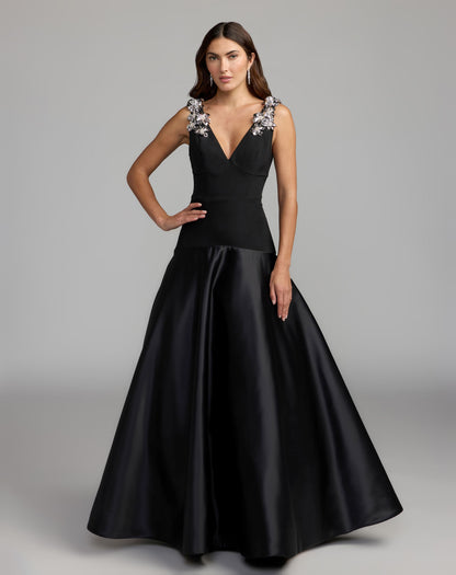 Mac Duggal Black Crepe And Satin Plunging V-Neck Ballgown