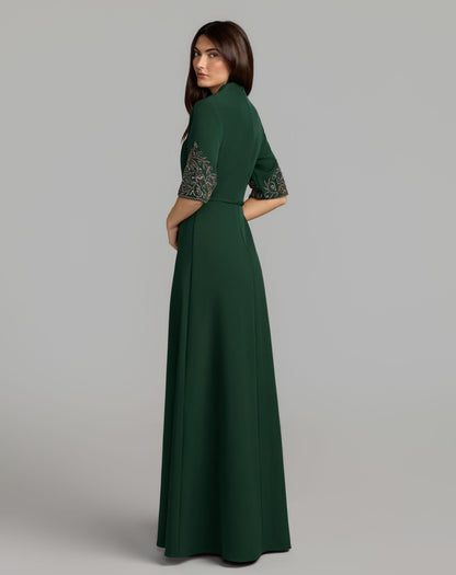 Mac Duggal Petite Green Scoop Neck Beaded Cuff Crepe Gown