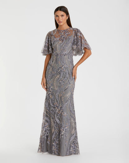 Mac Duggal Petite Gray High Neck Flutter Sleeve Embroidered Gown