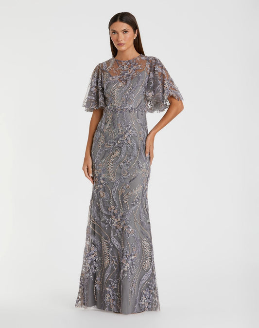 Mac Duggal Petite Gray High Neck Flutter Sleeve Embroidered Gown