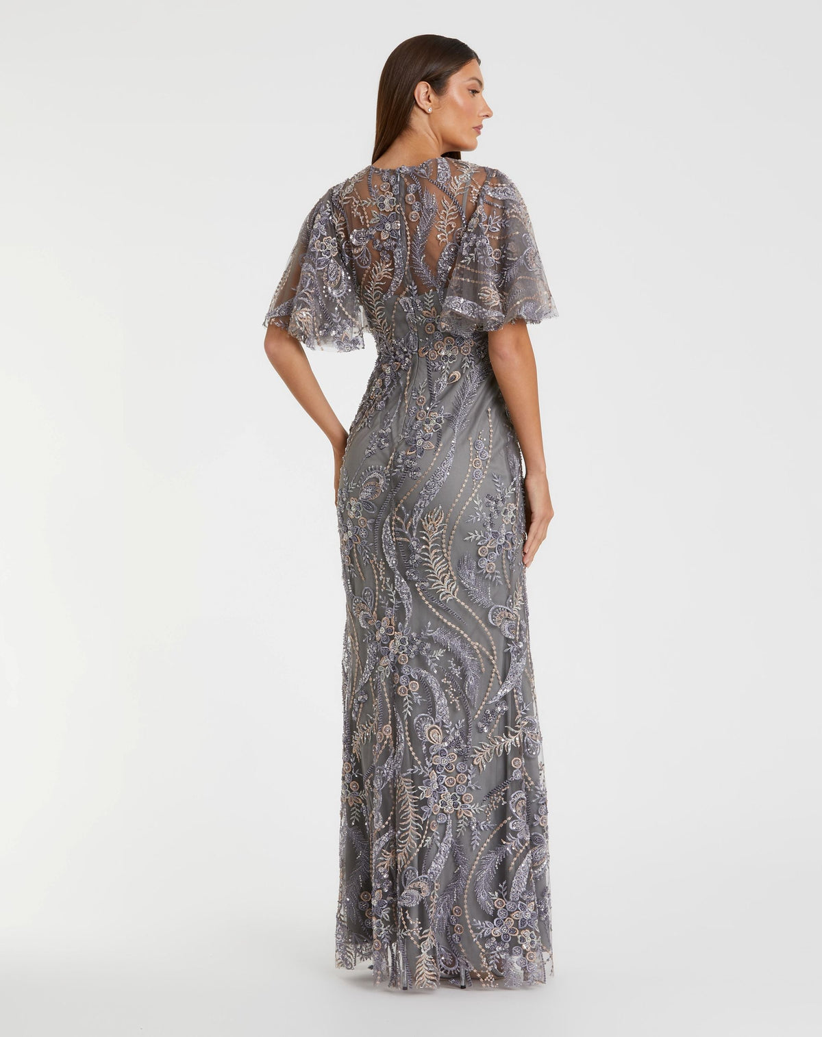 Mac Duggal Petite Gray High Neck Flutter Sleeve Embroidered Gown