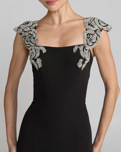 Mac Duggal Black Beaded Floral Appliqué Mermaid Gown