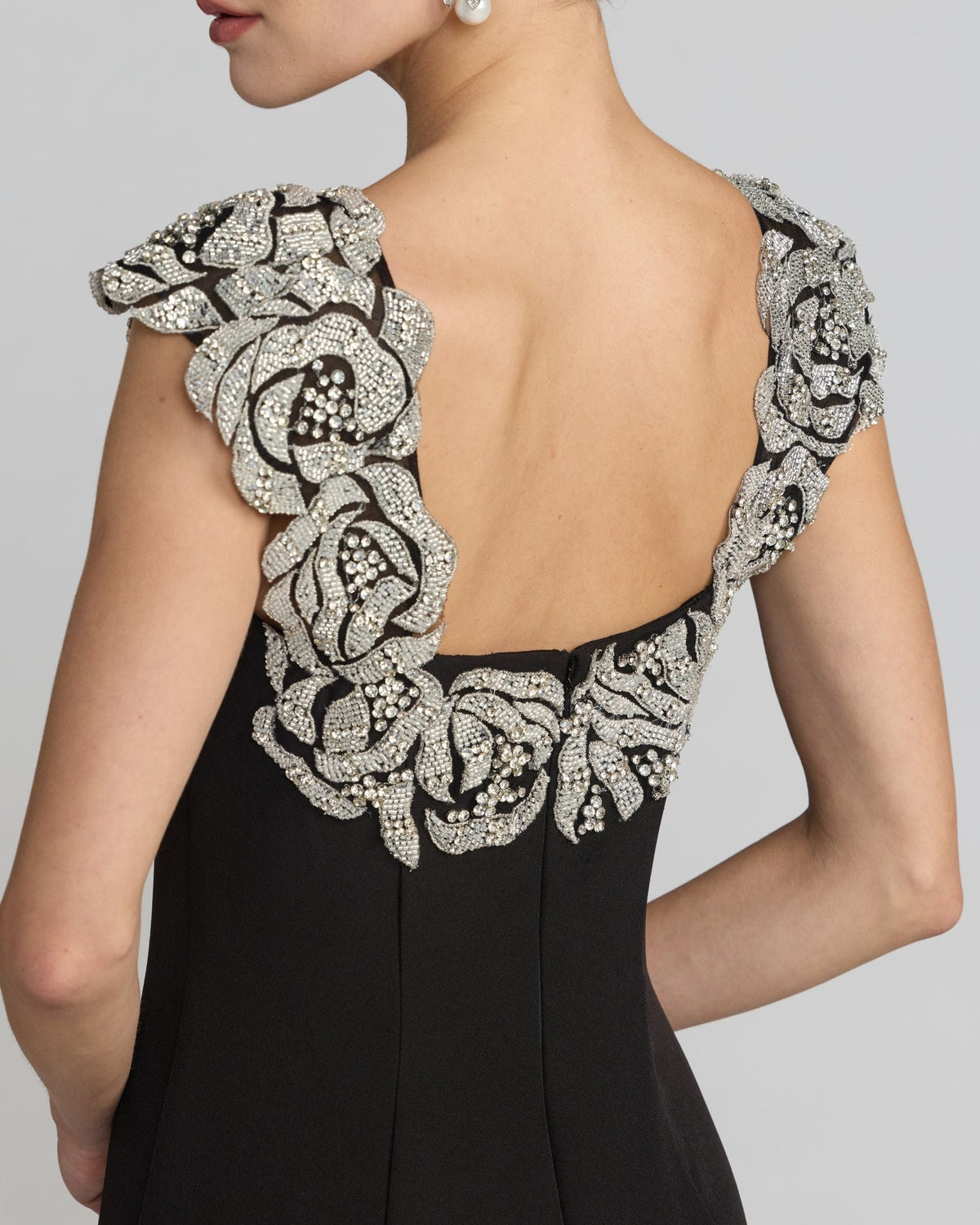 Mac Duggal Black Beaded Floral Appliqué Mermaid Gown