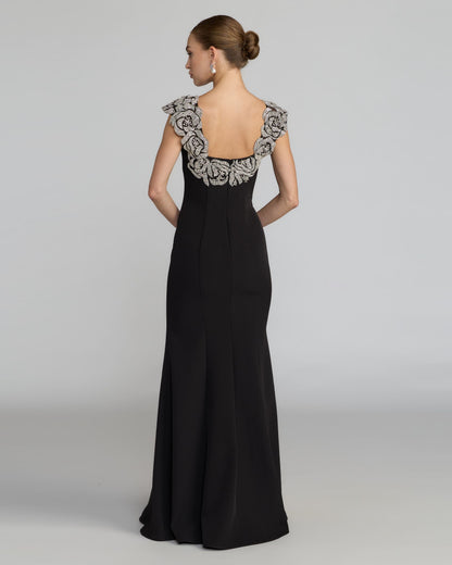 Mac Duggal Black Beaded Floral Appliqué Mermaid Gown