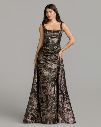 Mac Duggal Black Metallic Floral Brocade Gown with Overskirt