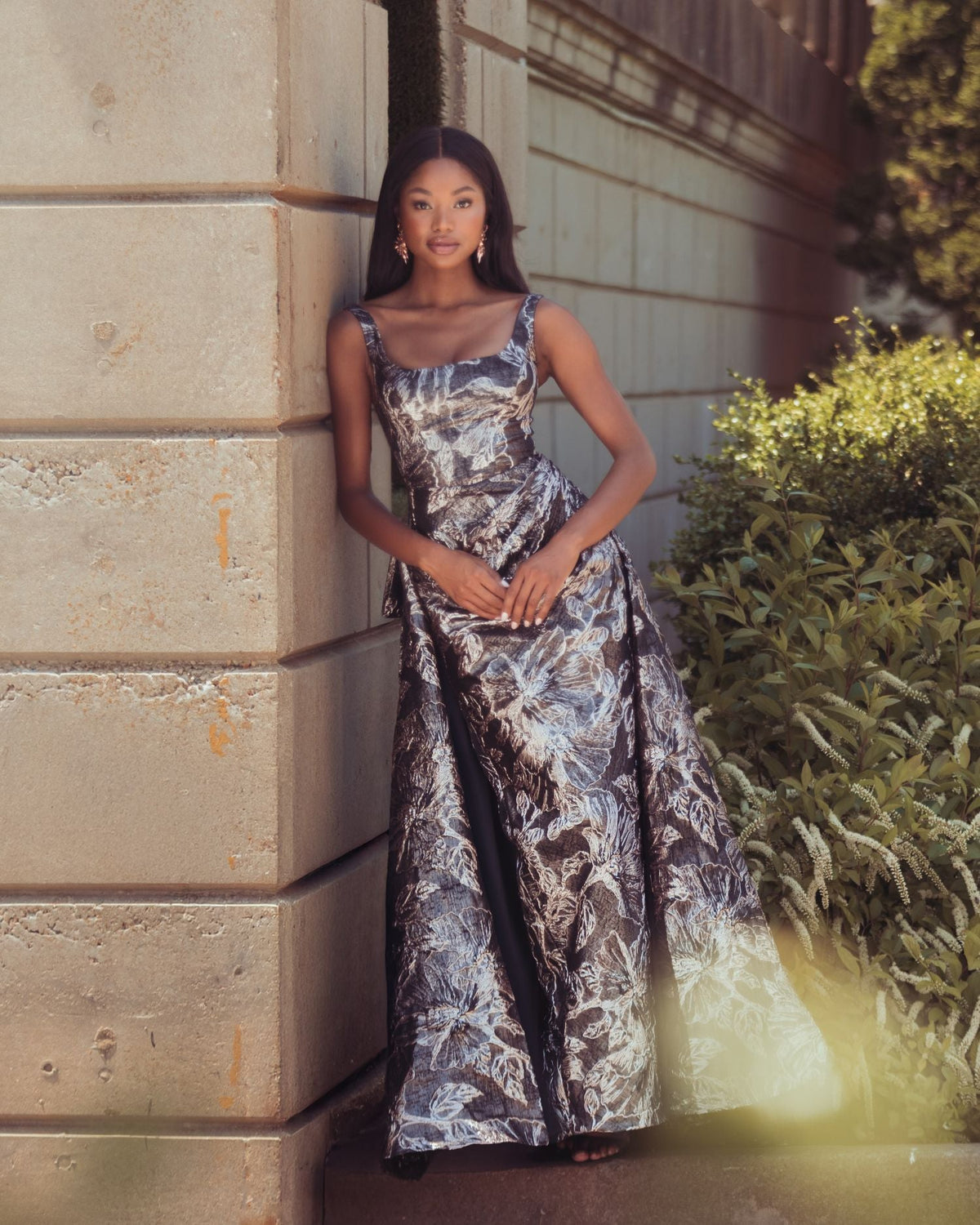 Mac Duggal Black Metallic Floral Brocade Gown with Overskirt