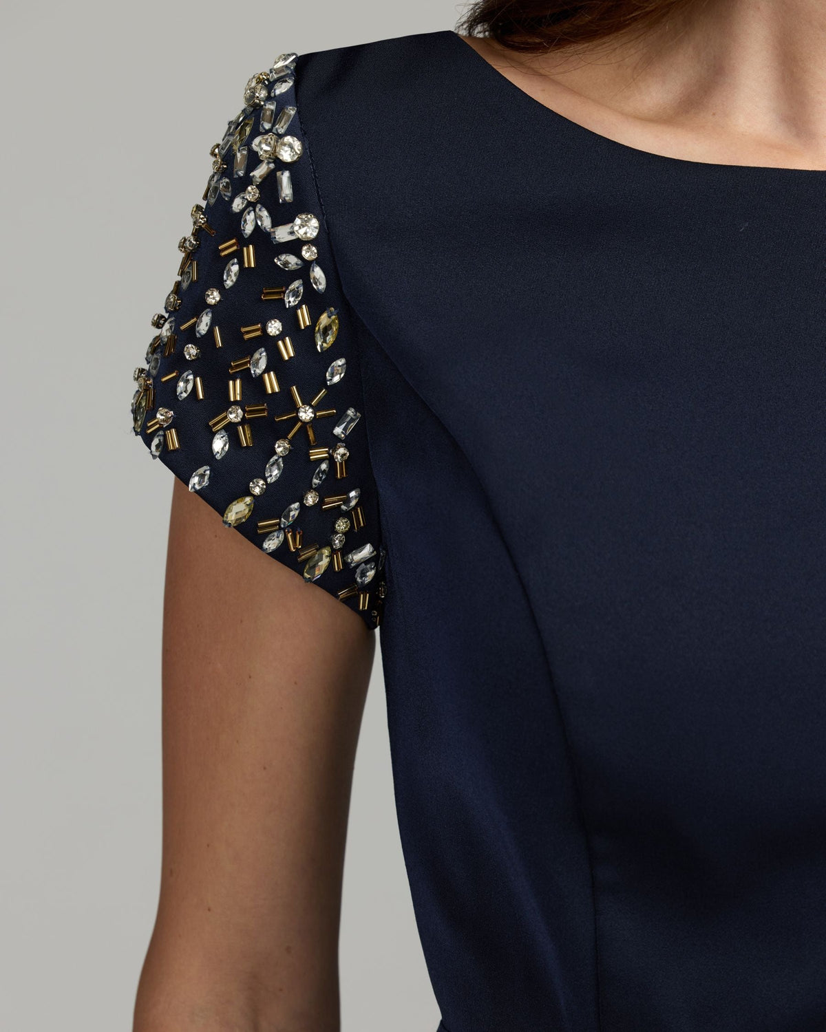 Mac Duggal Navy Beaded Cap Sleeve Satin Column Gown