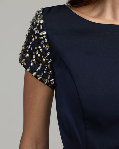 Mac Duggal Navy Beaded Cap Sleeve Satin Column Gown