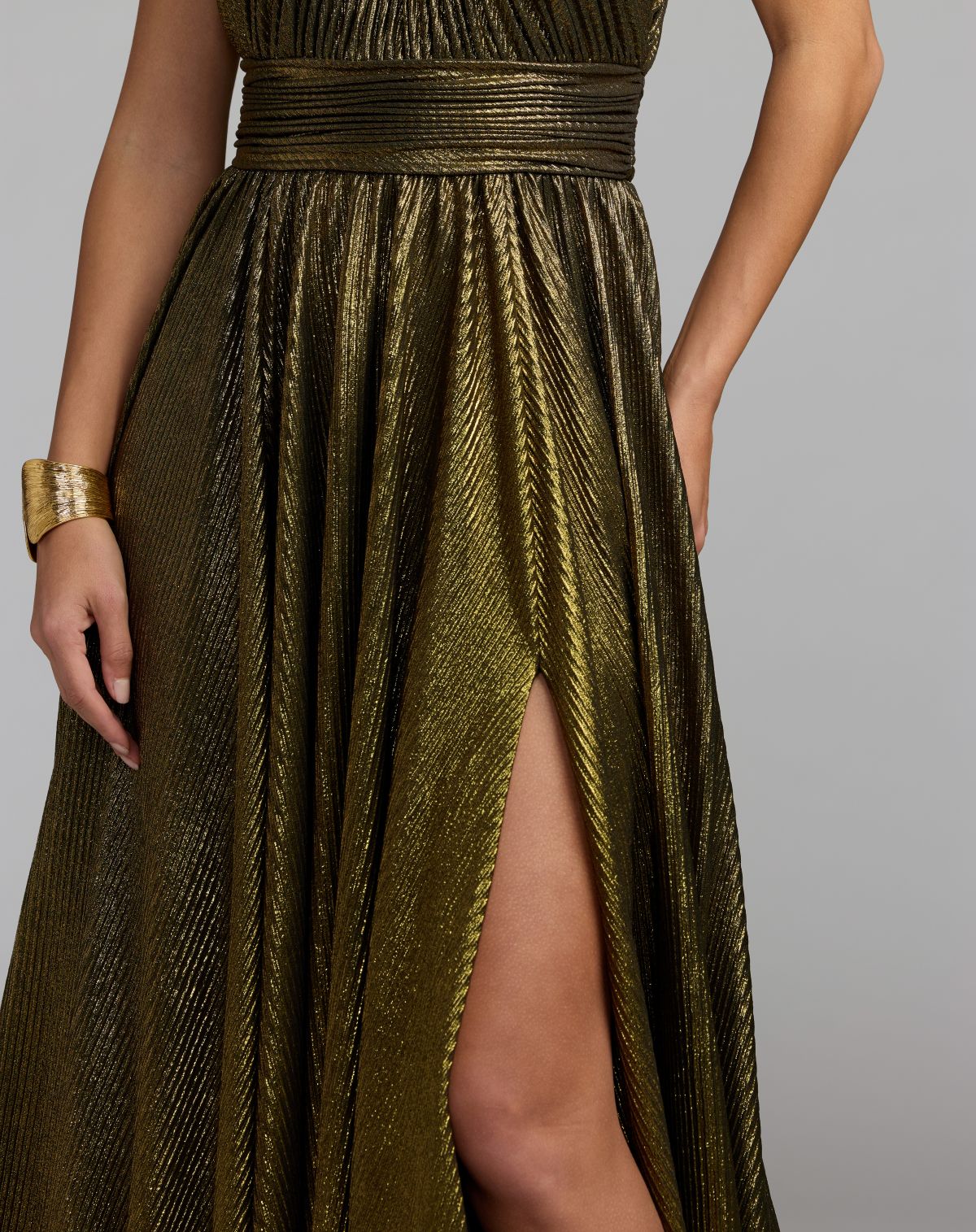 Mac Duggal Gold Metallic Pleated Mock Neck Gown