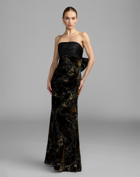 Mac Duggal Black Satin And Velvet Strapless Gown With Bow