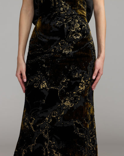 Mac Duggal Black Satin And Velvet Strapless Gown With Bow