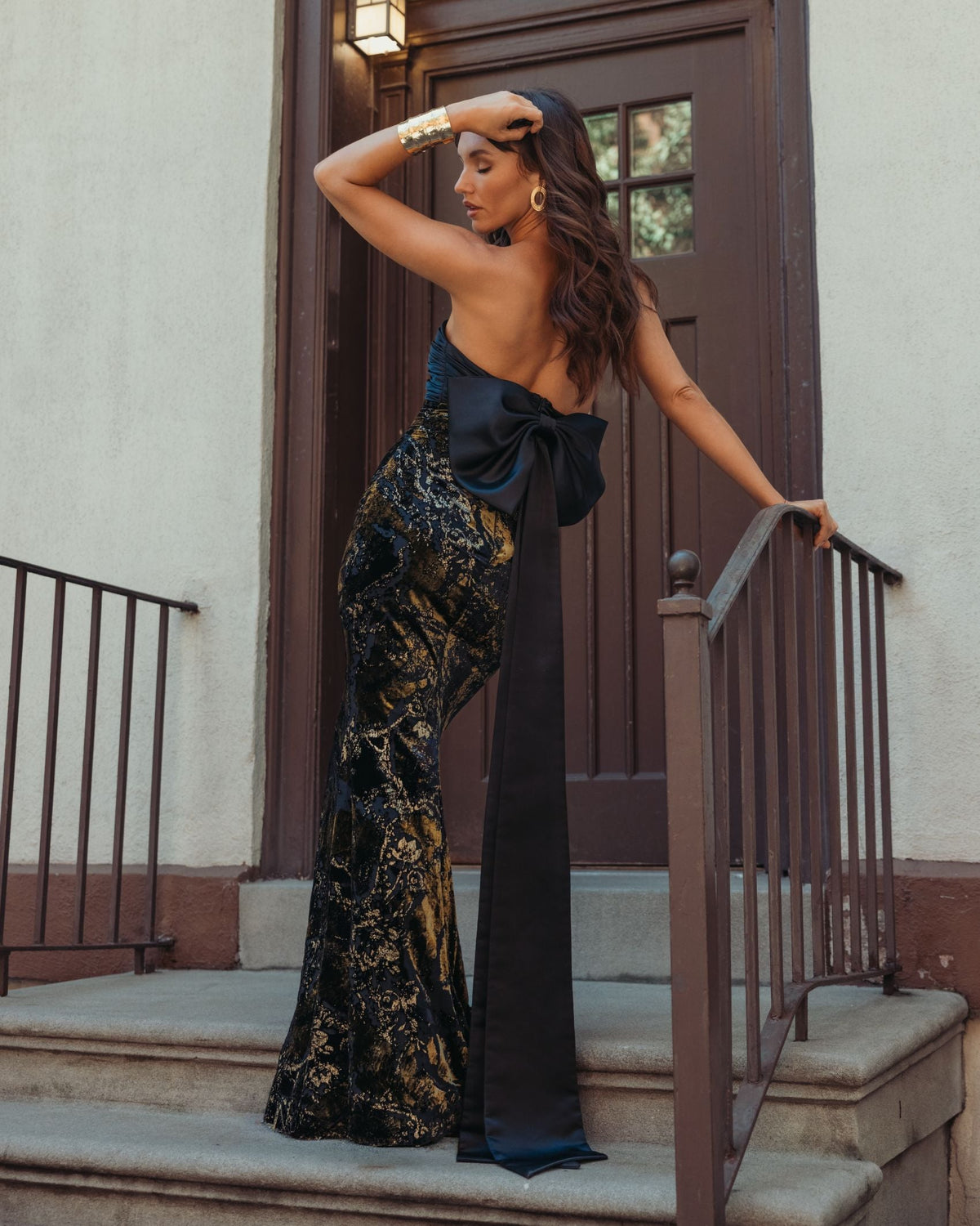 Mac Duggal Black Satin And Velvet Strapless Gown With Bow