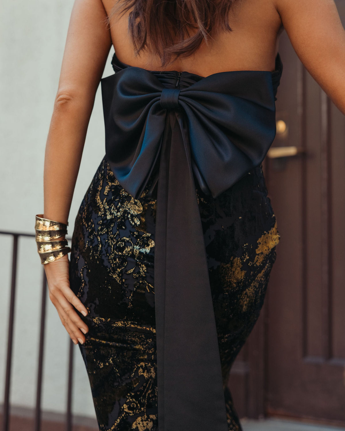 Mac Duggal Black Satin And Velvet Strapless Gown With Bow