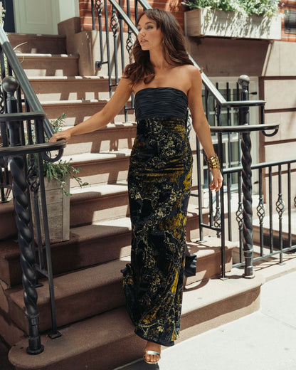 Mac Duggal Black Satin And Velvet Strapless Gown With Bow
