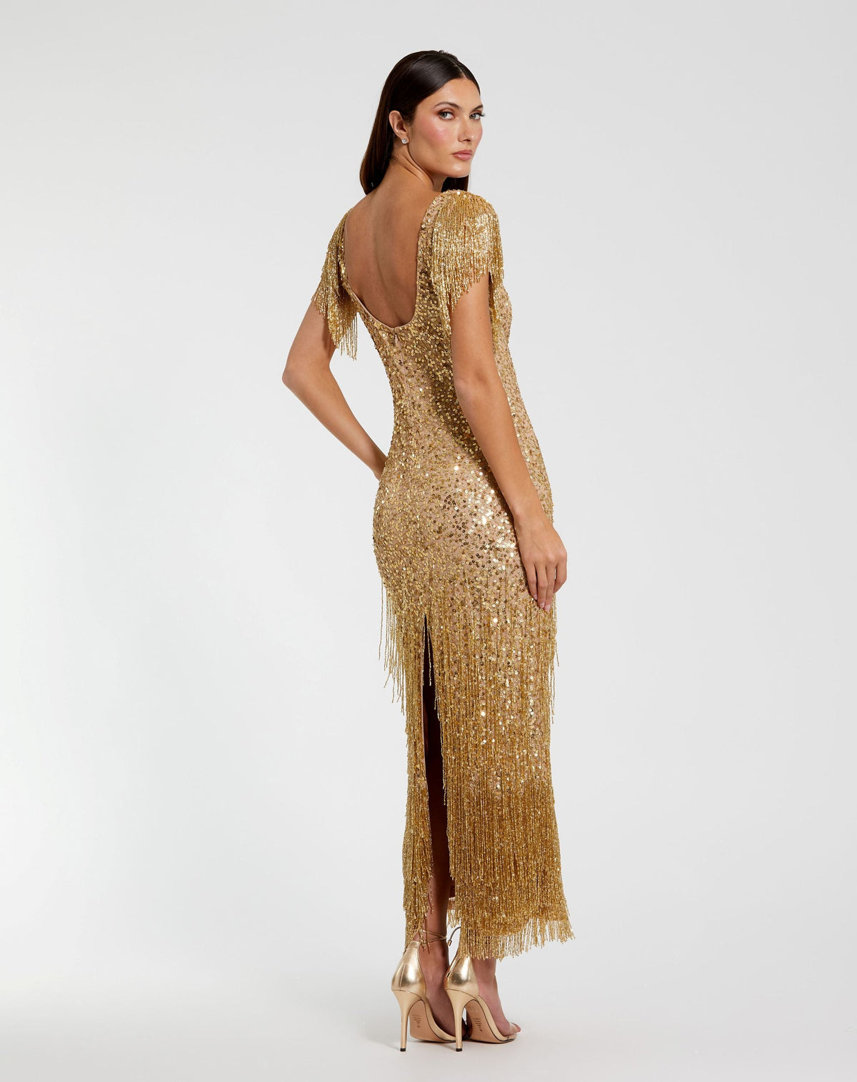 Mac Duggal Gold Beaded Fringe Scoop Neck Midi Dress
