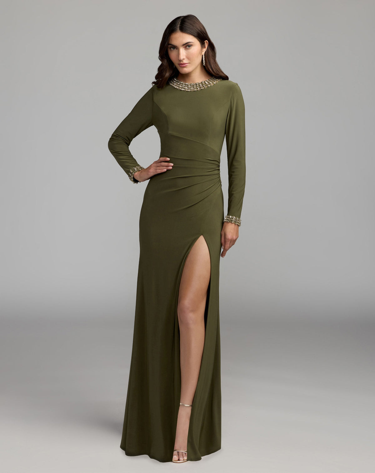 Mac Duggal Dark Green Embellished Long Sleeve Gown With Slit