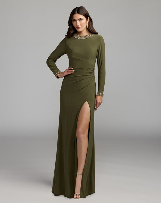 Mac Duggal Dark Green Embellished Long Sleeve Gown With Slit