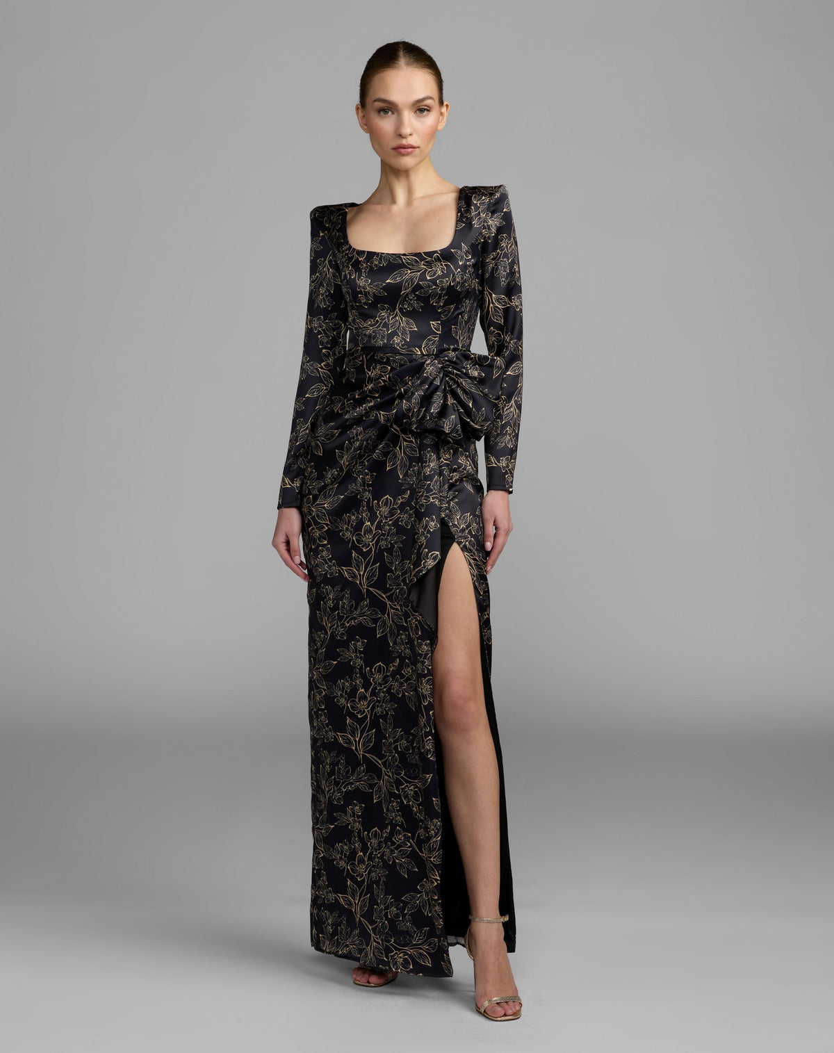 Mac Duggal Black Floral Printed Long Sleeve Gown With Bow