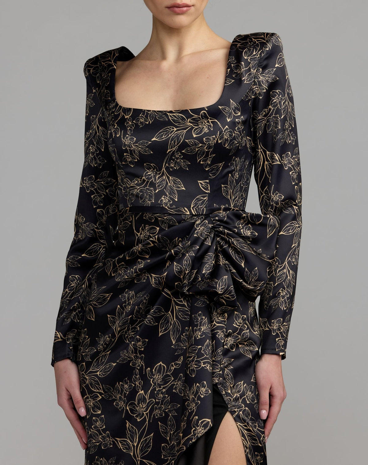 Mac Duggal Black Floral Printed Long Sleeve Gown With Bow