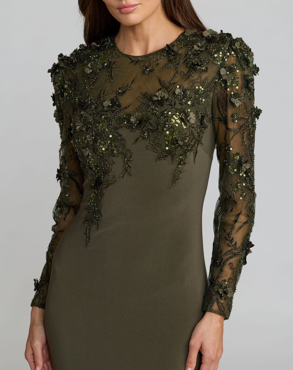 Mac Duggal Olive Green Long Sleeve Floral Embellished Column Gown