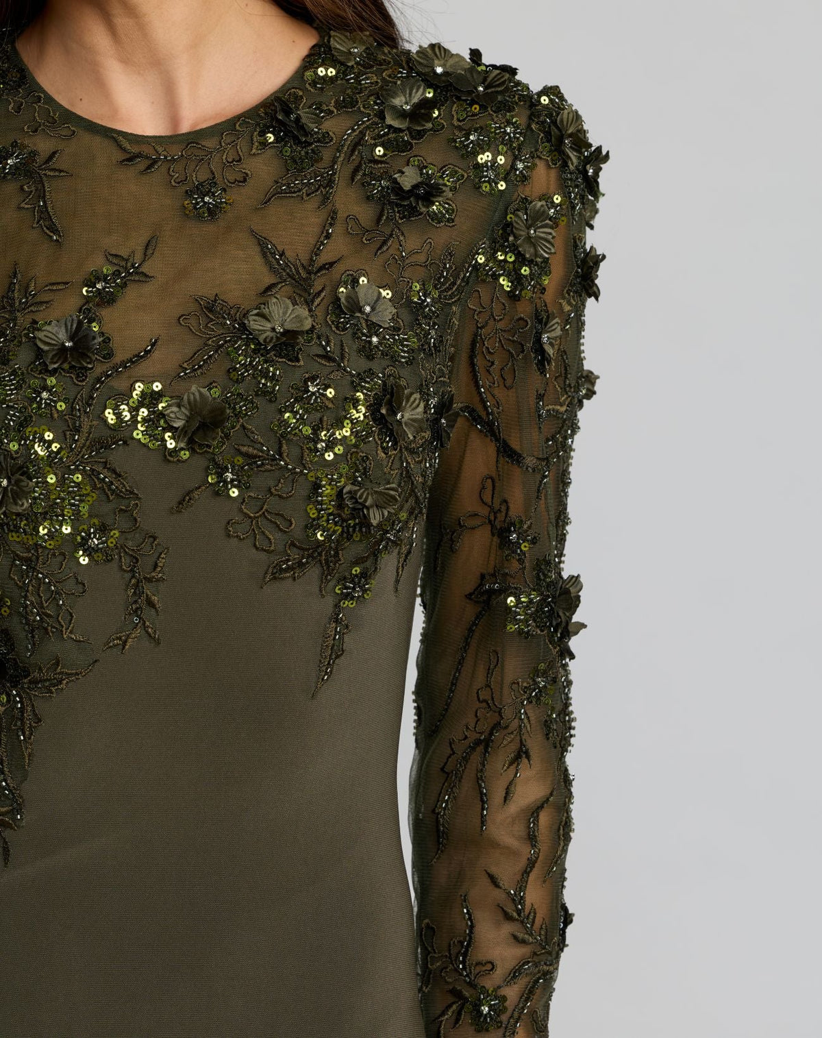 Mac Duggal Olive Green Long Sleeve Floral Embellished Column Gown