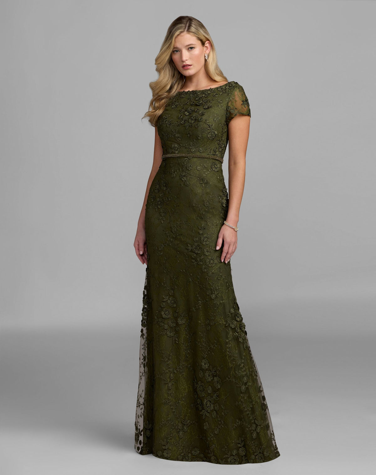 Mac Duggal Olive Green Floral Applique Boat Neck Cap Sleeve Gown