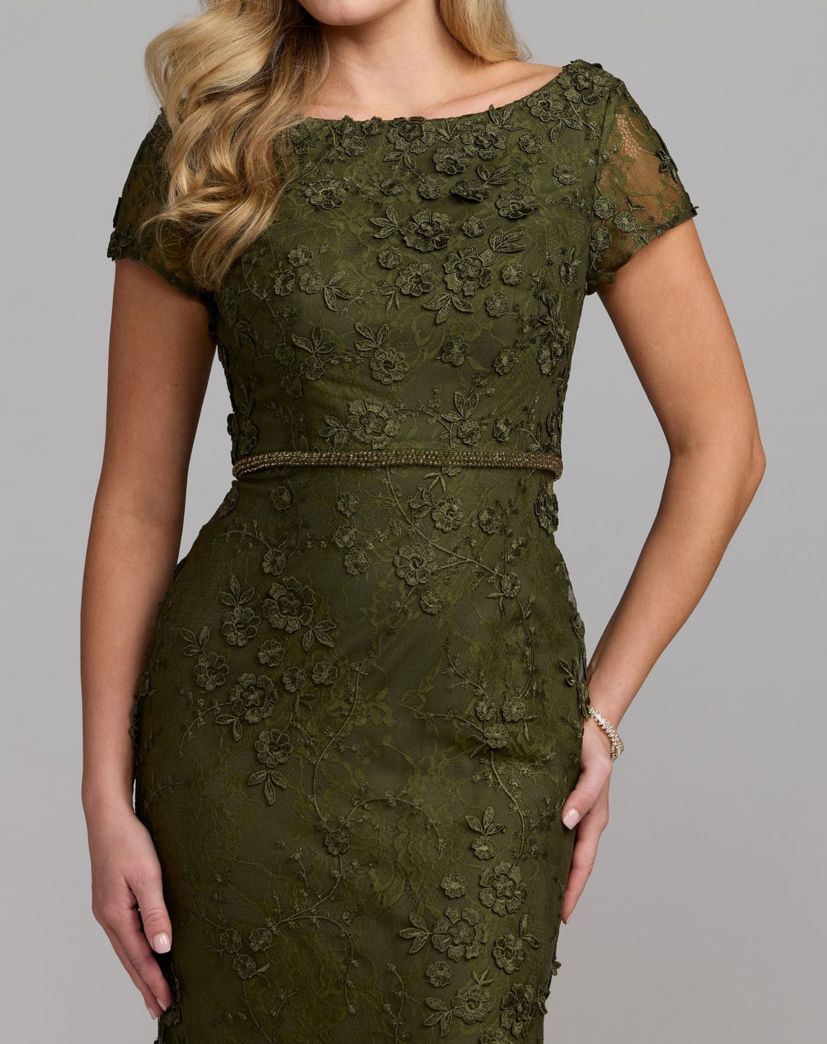 Mac Duggal Olive Green Floral Applique Boat Neck Cap Sleeve Gown