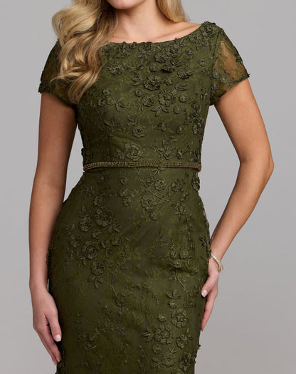 Mac Duggal Olive Green Floral Applique Boat Neck Cap Sleeve Gown