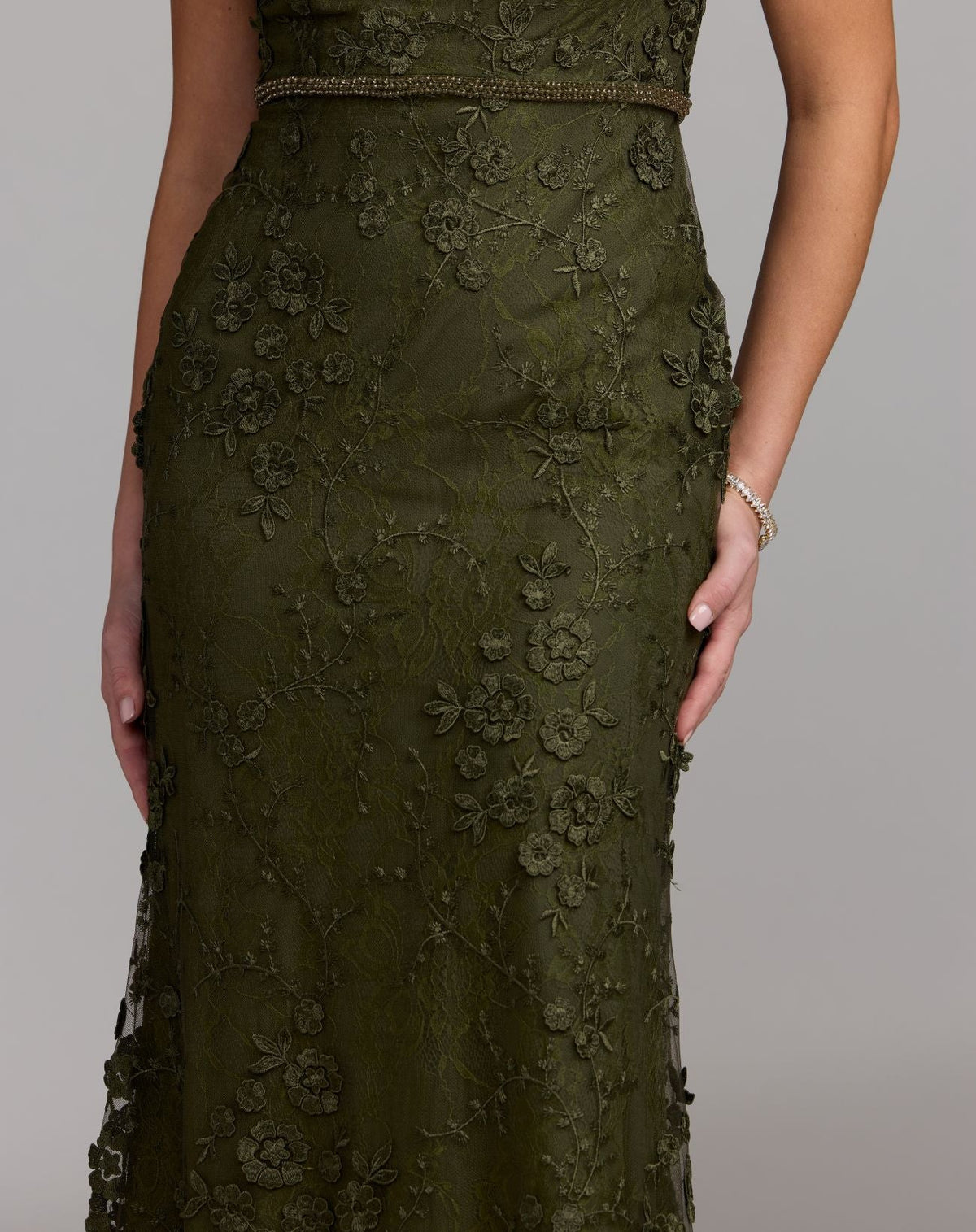 Mac Duggal Olive Green Floral Applique Boat Neck Cap Sleeve Gown