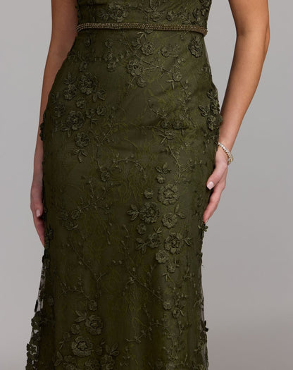 Mac Duggal Olive Green Floral Applique Boat Neck Cap Sleeve Gown