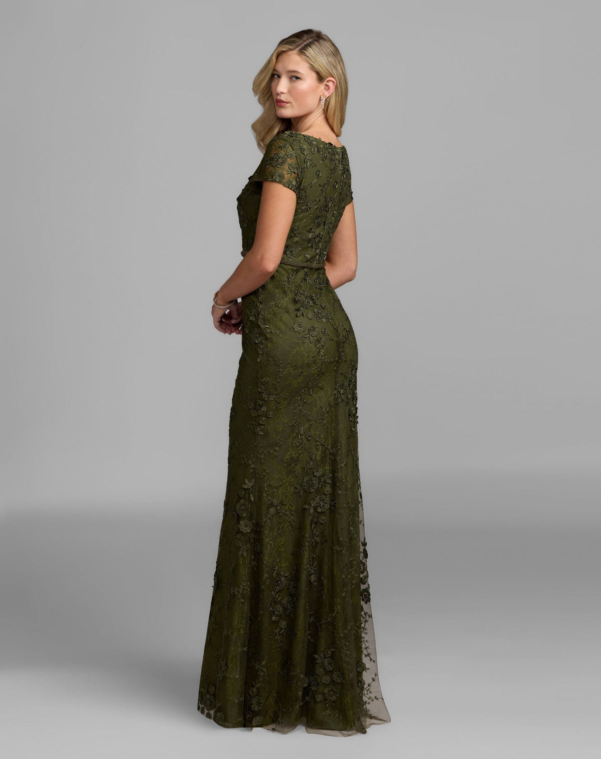 Mac Duggal Olive Green Floral Applique Boat Neck Cap Sleeve Gown