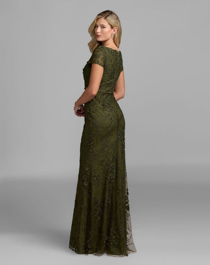 Mac Duggal Olive Green Floral Applique Boat Neck Cap Sleeve Gown