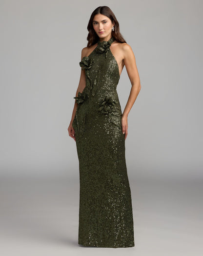 Mac Duggal Olive Green Halter Neck Sequin 3D Flower Column Gown