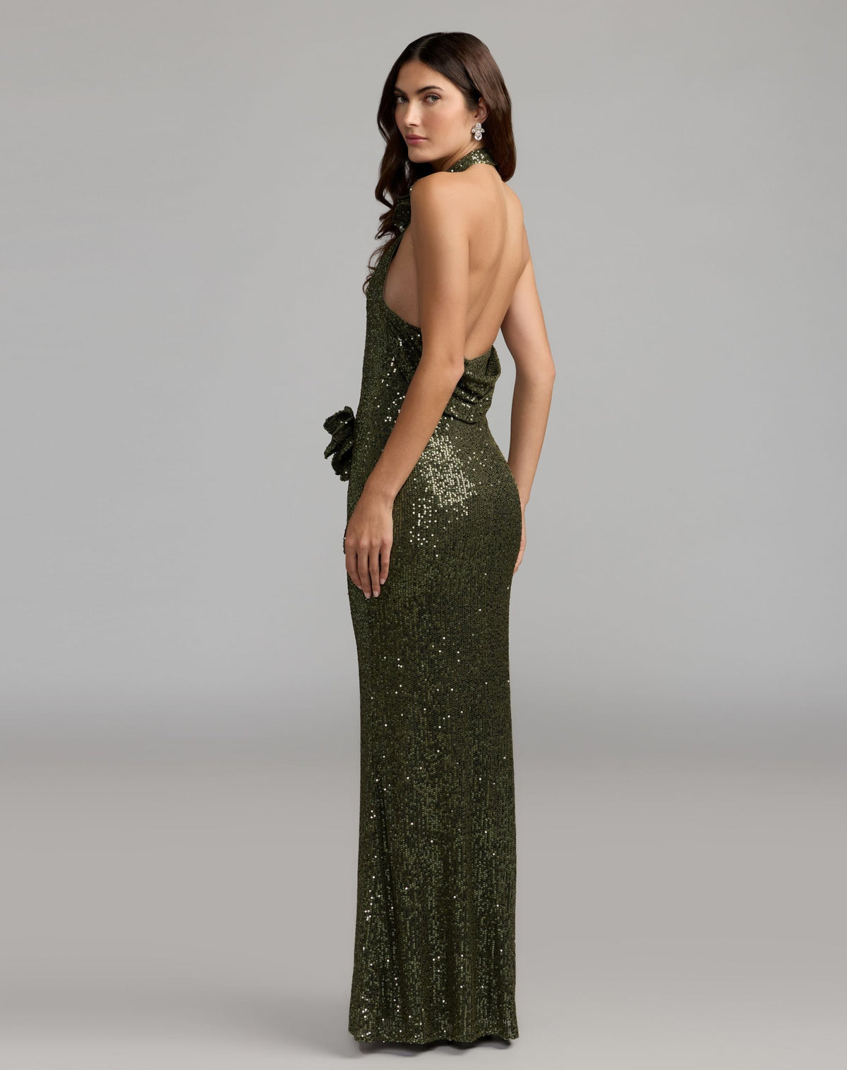 Mac Duggal Olive Green Halter Neck Sequin 3D Flower Column Gown