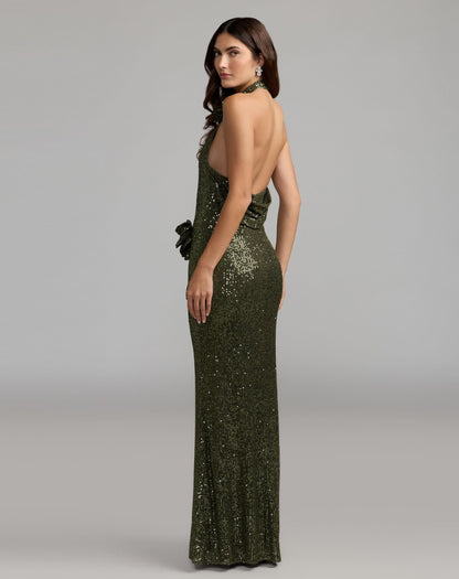 Mac Duggal Olive Green Halter Neck Sequin 3D Flower Column Gown