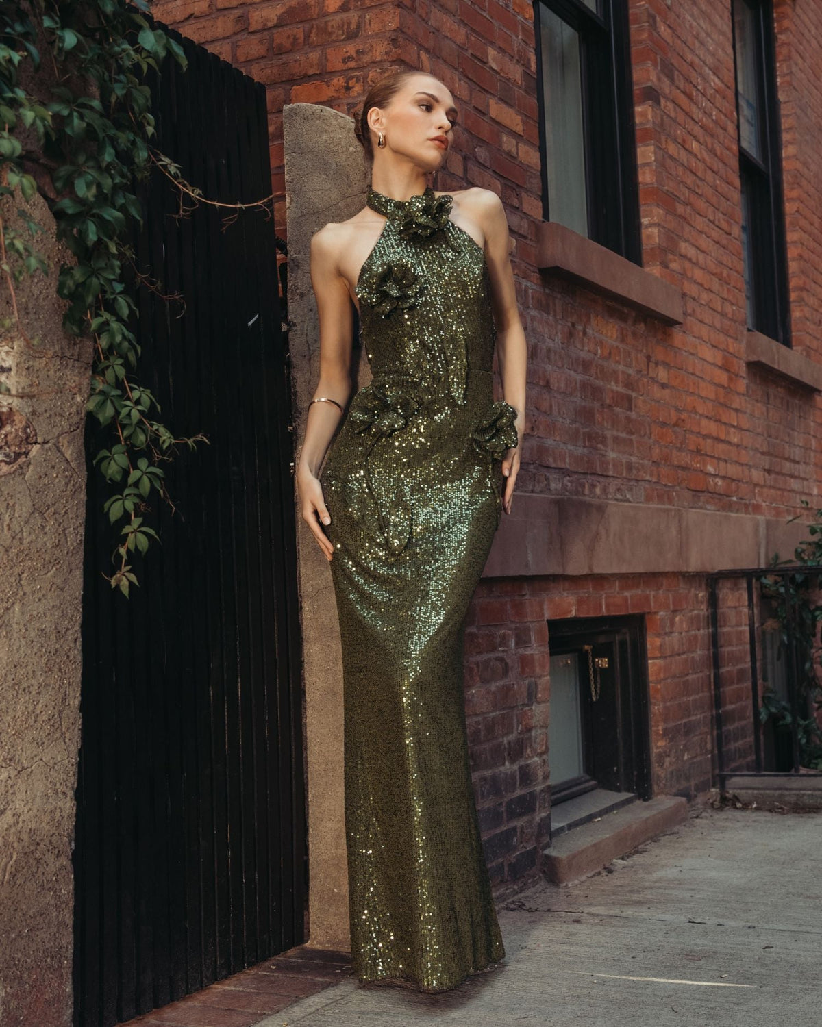 Mac Duggal Olive Green Halter Neck Sequin 3D Flower Column Gown
