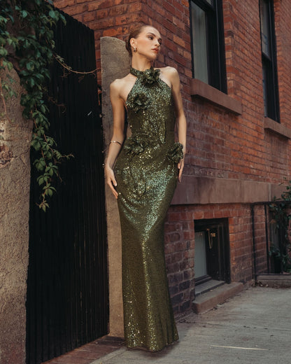 Mac Duggal Olive Green Halter Neck Sequin 3D Flower Column Gown