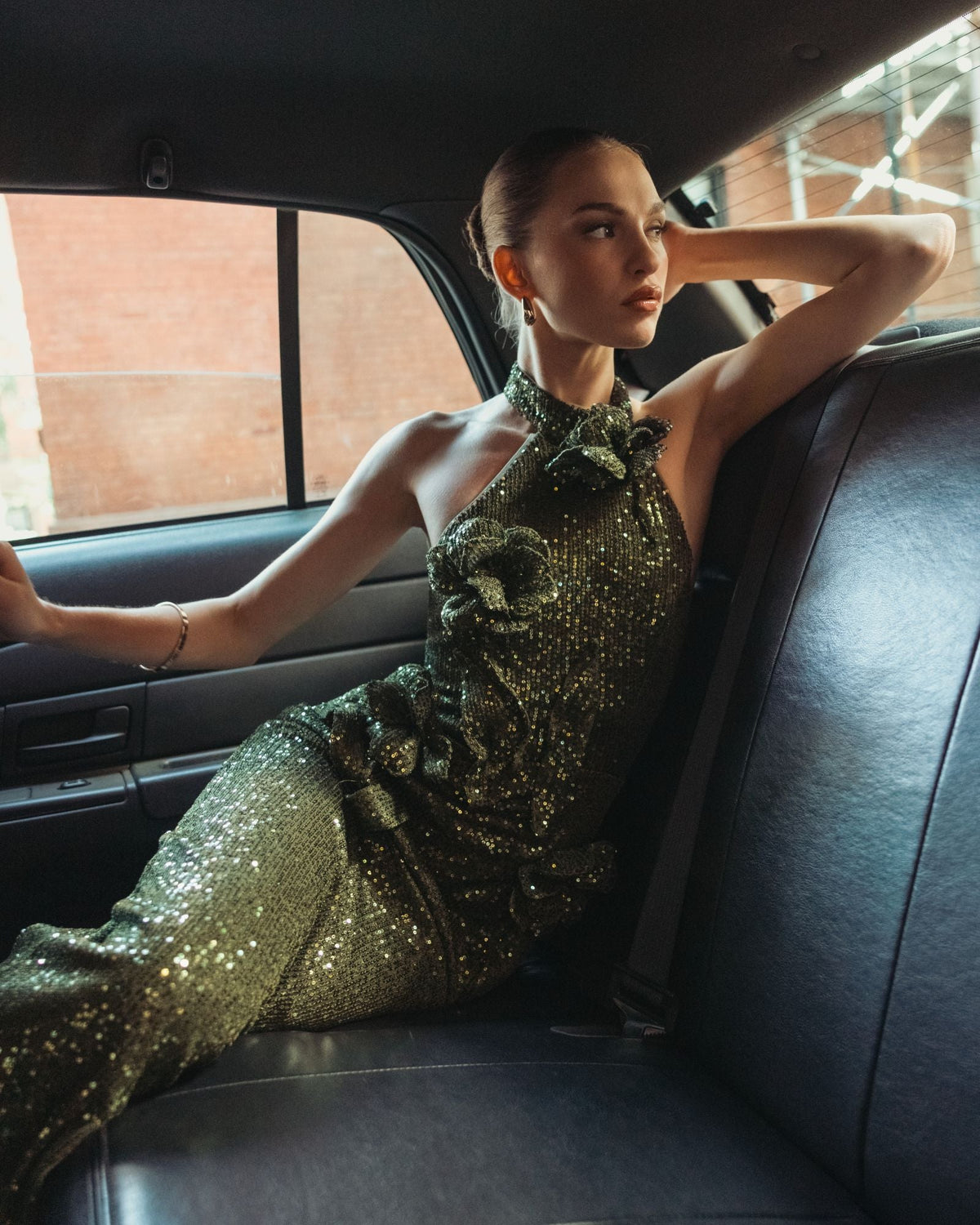 Mac Duggal Olive Green Halter Neck Sequin 3D Flower Column Gown
