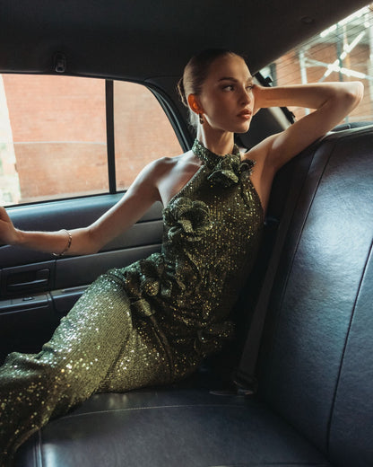 Mac Duggal Olive Green Halter Neck Sequin 3D Flower Column Gown