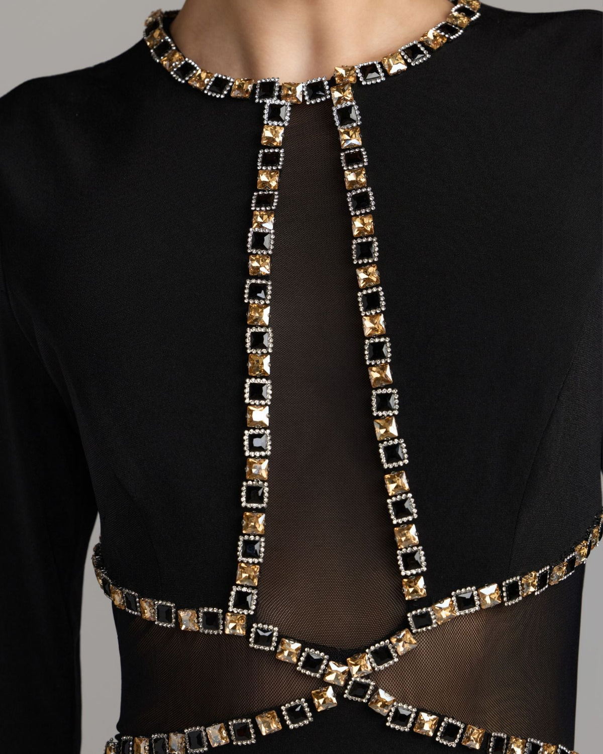 Mac Duggal Black Crystal Trim Illusion Mermaid Gown