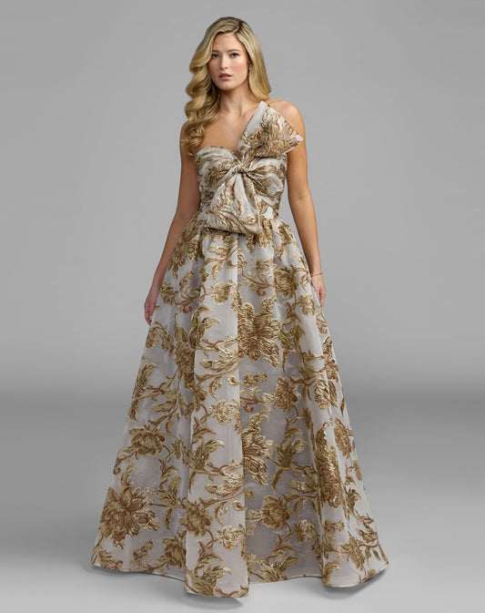 Mac Duggal Gold Floral Strapless Brocade Ball Gown With Bow