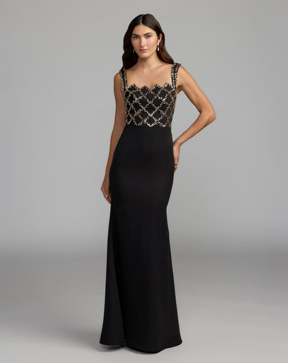 Mac Duggal Black Embellished Square Neck Column Gown
