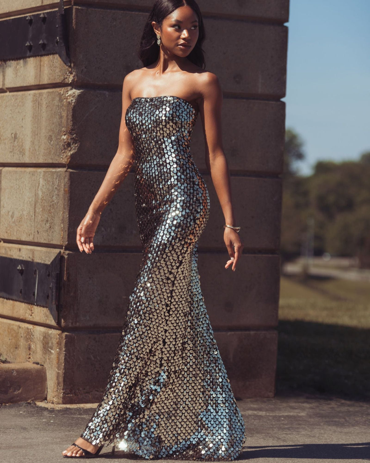 Mac Duggal Black Strapless Paillette Sequin Column Gown