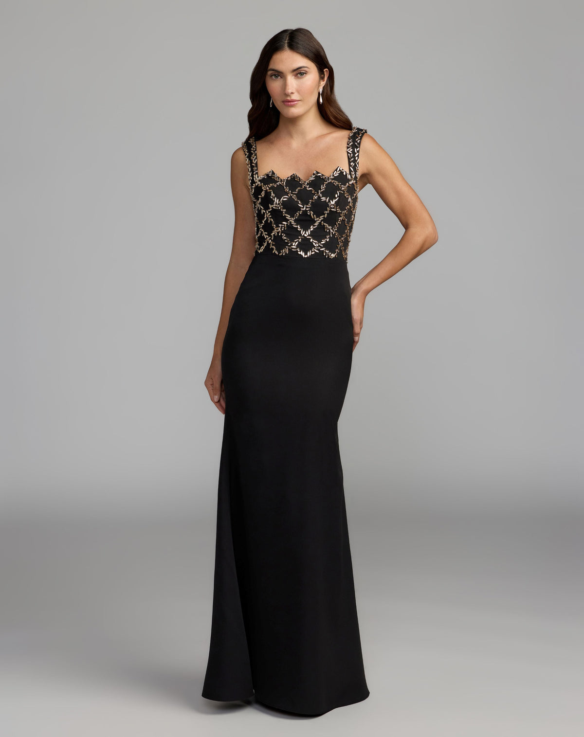 Mac Duggal Petite Black Embellished Square Neck Column Gown