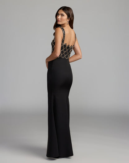 Mac Duggal Petite Black Embellished Square Neck Column Gown
