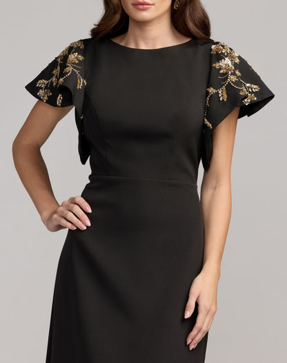 Mac Duggal Petite Black Embellished Flutter Sleeve Crepe Gown
