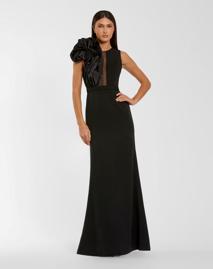 Mac Duggal Black High Neck Sleeveless Crepe Gown With Satin Ruffle
